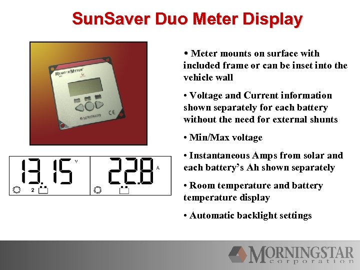 Sun. Saver Duo Meter Display • Meter mounts on surface with included frame or