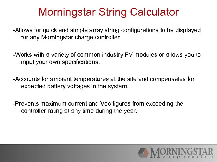 Morningstar String Calculator -Allows for quick and simple array string configurations to be displayed
