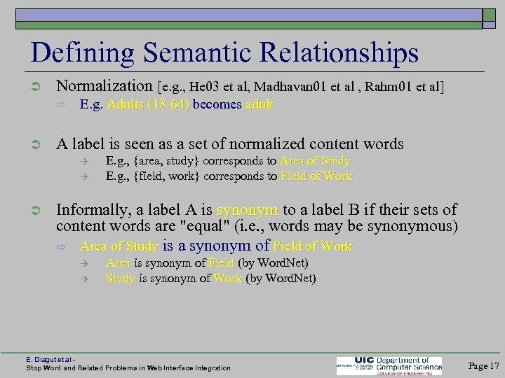 Defining Semantic Relationships Normalization [e. g. , He 03 et al, Madhavan 01 et