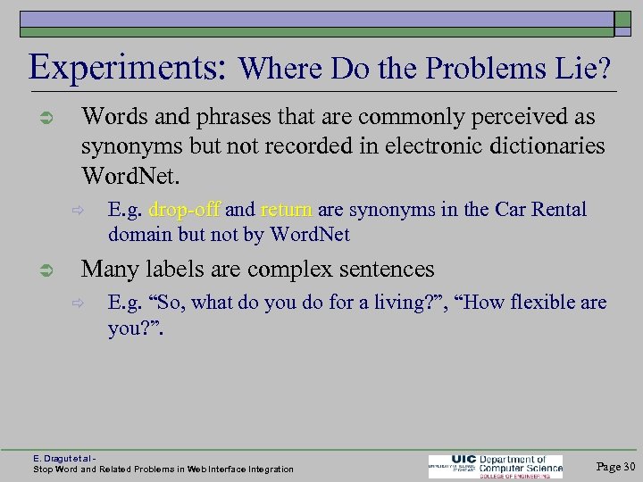 Experiments: Where Do the Problems Lie? Words and phrases that are commonly perceived as