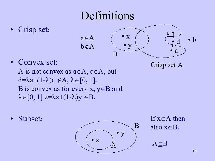 Definitions • Crisp set: a A b A • Convex set: c • •