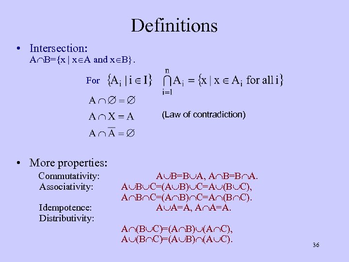 Definitions • Intersection: A B={x | x A and x B}. For (Law of