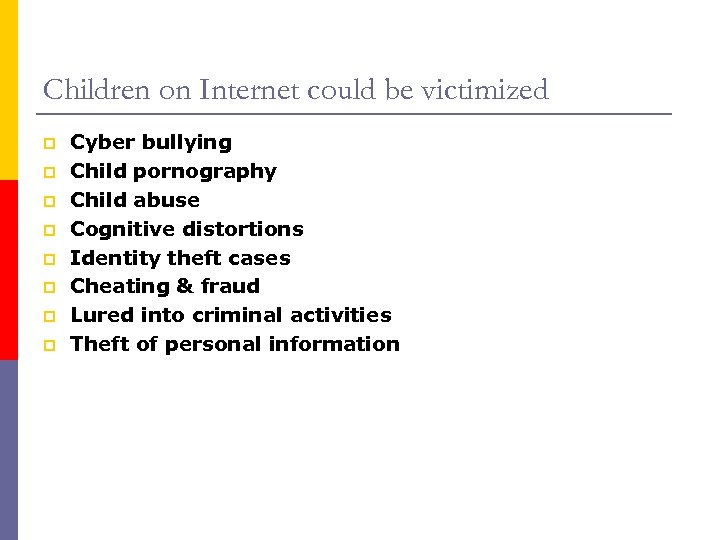 Children on Internet could be victimized p p p p Cyber bullying Child pornography