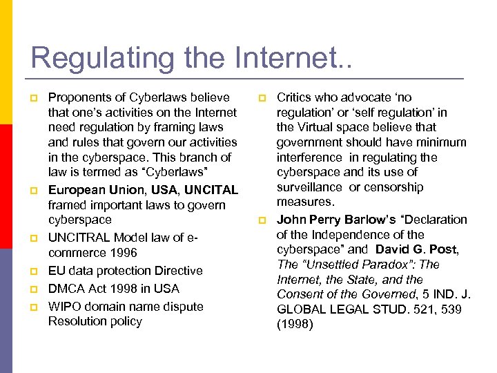 Regulating the Internet. . p p p Proponents of Cyberlaws believe that one’s activities