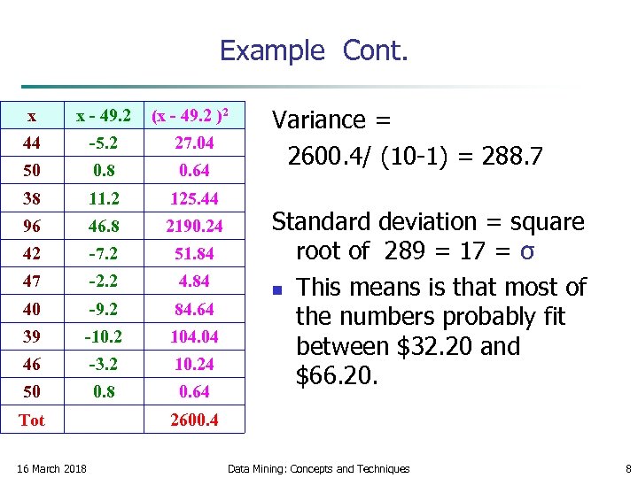 Example Cont. x x - 49. 2 (x - 49. 2 )2 44 -5.