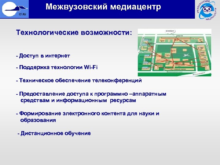  Межвузовский медиацентр Технологические возможности: - Доступ в интернет - Поддержка технологии Wi-Fi -