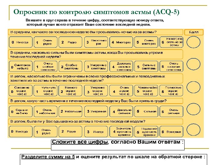 Опросник по контролю симптомов астмы (ACQ-5) Впишите в круг справа в течение цифру, соответствующую