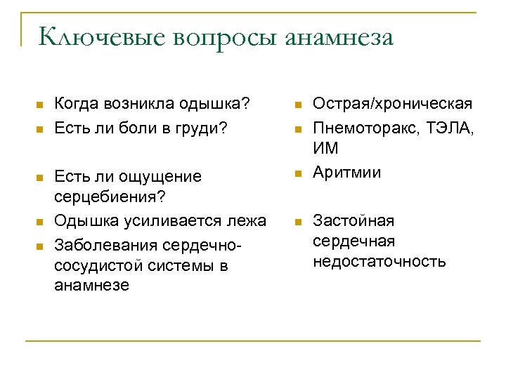 Ключевые вопросы анамнеза n n n Когда возникла одышка? Есть ли боли в груди?