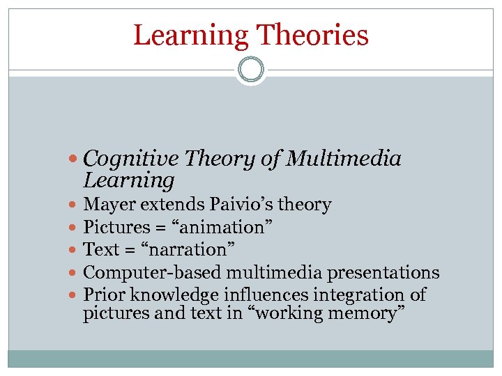 Learning Theories Cognitive Theory of Multimedia Learning Mayer extends Paivio’s theory Pictures = “animation”