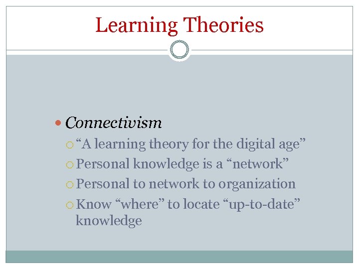 Learning Theories Connectivism “A learning theory for the digital age” Personal knowledge is a