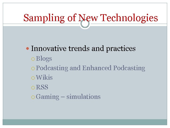 Sampling of New Technologies Innovative trends and practices Blogs Podcasting and Enhanced Podcasting Wikis