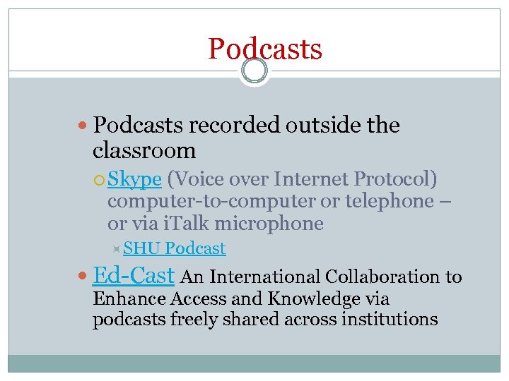 Podcasts recorded outside the classroom Skype (Voice over Internet Protocol) computer-to-computer or telephone –