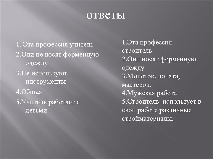 ответы 1. Эта профессия учитель 2. Они не носят форменную одежду 3. Не используют