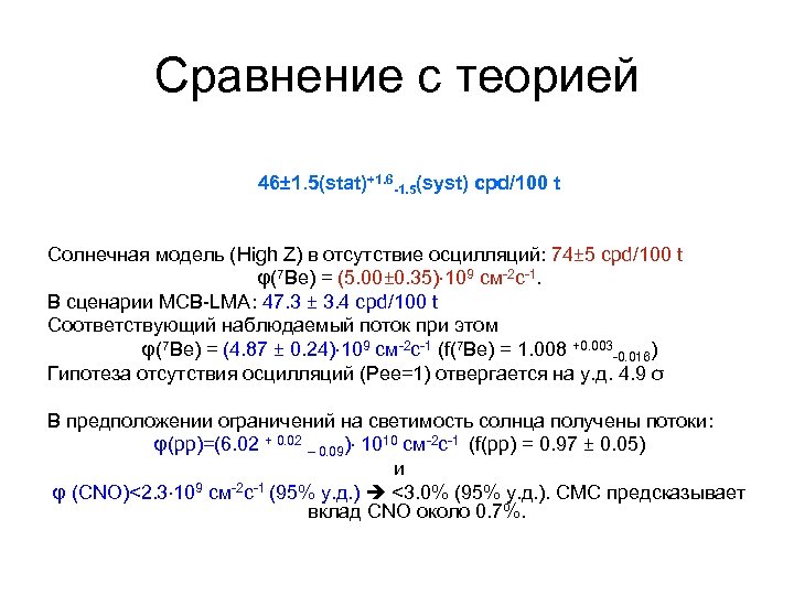 Сравнение с теорией 46± 1. 5(stat)+1. 6 -1. 5(syst) cpd/100 t Солнечная модель (High