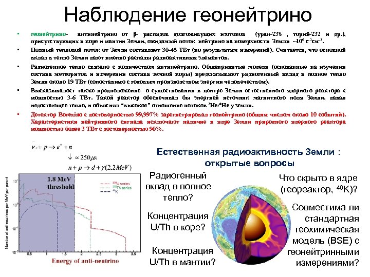 Наблюдение геонейтрино • • • геонейтриноантинейтрино от β- распадов долгоживущих изотопов (уран-238 , торий-232