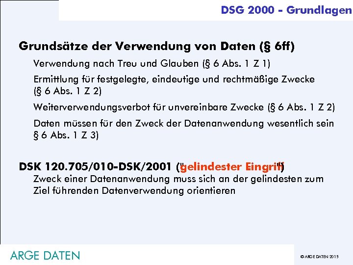 DSG 2000 - Grundlagen Grundsätze der Verwendung von Daten (§ 6 ff) Verwendung nach