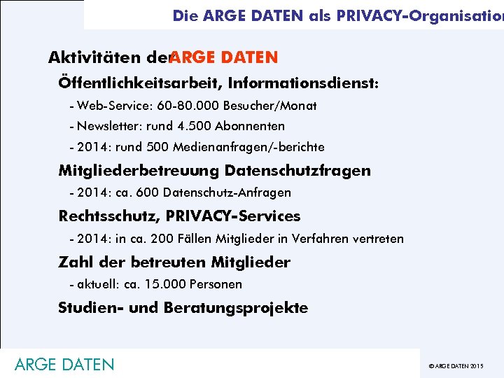 Die ARGE DATEN als PRIVACY-Organisation Aktivitäten der ARGE DATEN Öffentlichkeitsarbeit, Informationsdienst: - Web-Service: 60