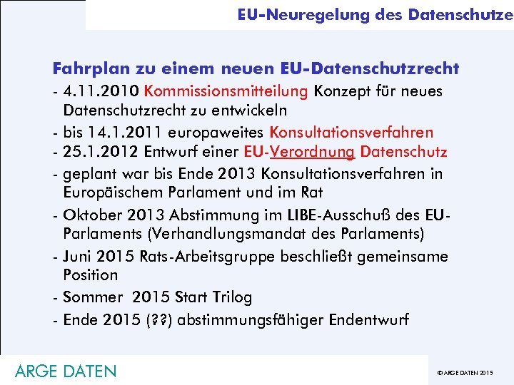 EU-Neuregelung des Datenschutzes Fahrplan zu einem neuen EU-Datenschutzrecht - 4. 11. 2010 Kommissionsmitteilung Konzept