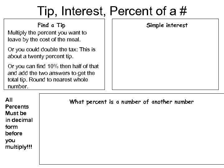 Tip, Interest, Percent of a # Find a Tip Multiply the percent you want