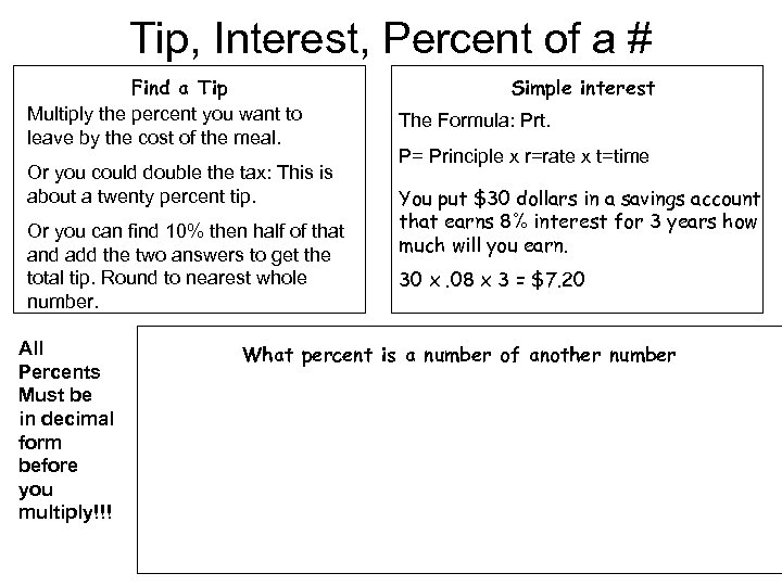 Tip, Interest, Percent of a # Find a Tip Multiply the percent you want