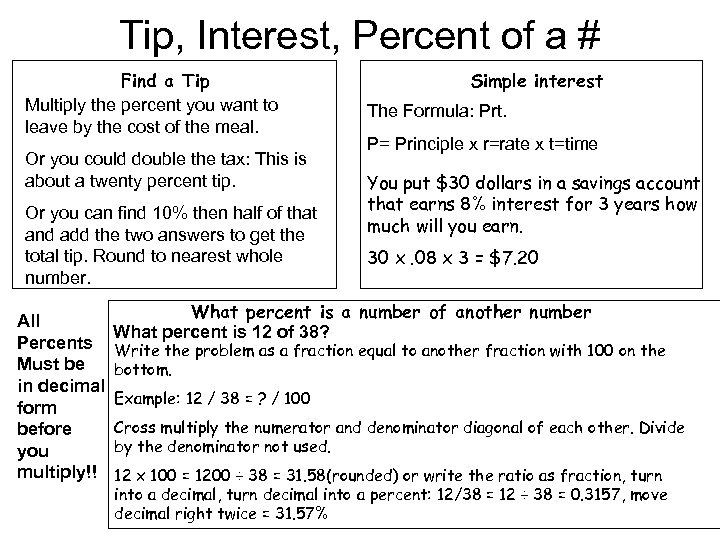 Tip, Interest, Percent of a # Find a Tip Multiply the percent you want