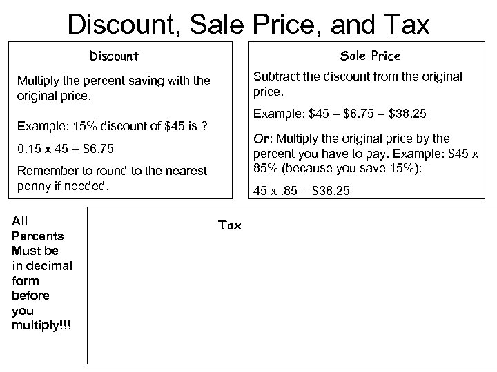 Discount, Sale Price, and Tax Discount Sale Price Subtract the discount from the original