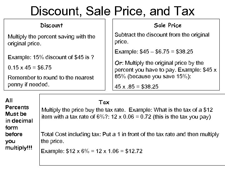 Discount, Sale Price, and Tax Discount Multiply the percent saving with the original price.