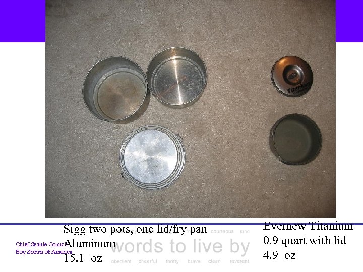 Sigg two pots, one lid/fry pan Chief Seattle Council Aluminum Boy Scouts of America