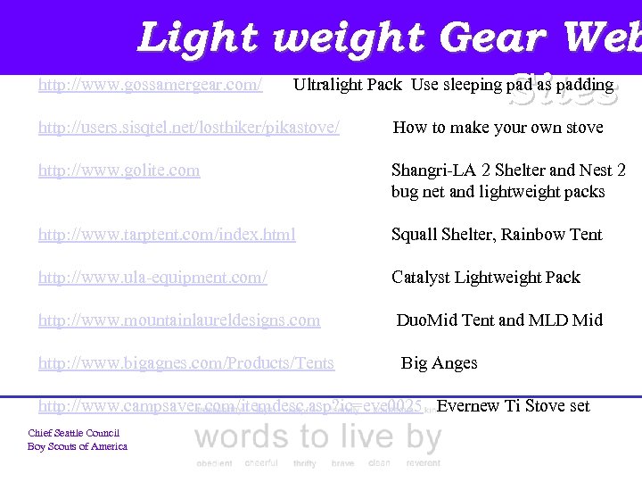 Light weight Gear Web http: //www. gossamergear. com/ Ultralight Pack Use sleeping pad as