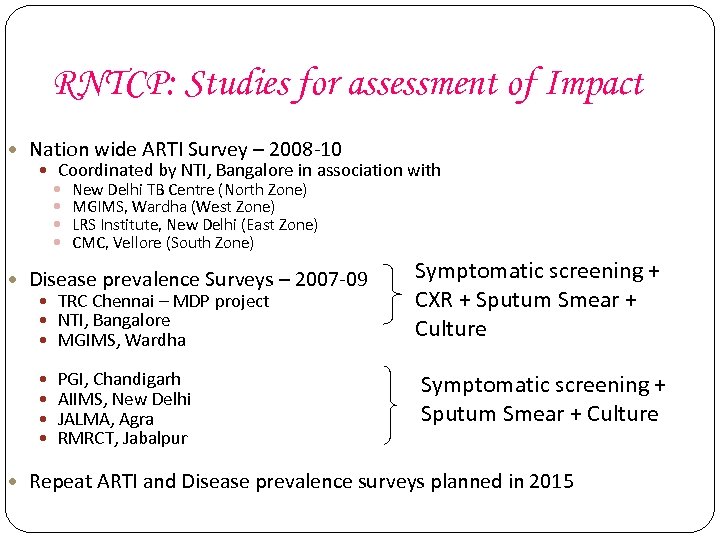 RNTCP: Studies for assessment of Impact Nation wide ARTI Survey – 2008 -10 Coordinated