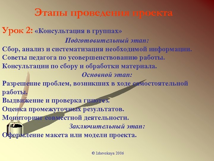 Этапы проведения проекта Урок 2: «Консультация в группах» Подготовительный этап: Сбор, анализ и систематизация