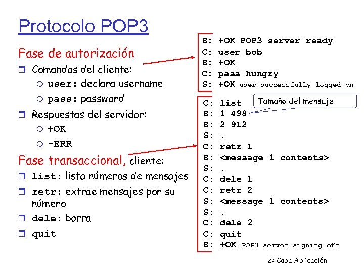Protocolo POP 3 Fase de autorización Comandos del cliente: user: declara username pass: password