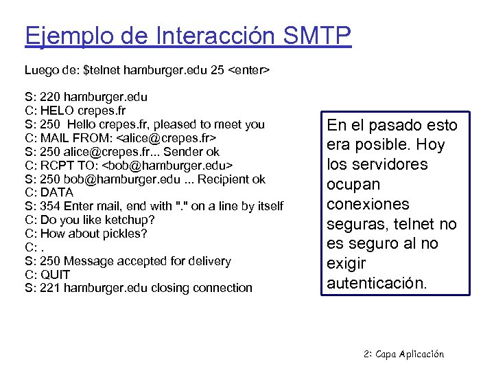 Ejemplo de Interacción SMTP Luego de: $telnet hamburger. edu 25 <enter> S: 220 hamburger.