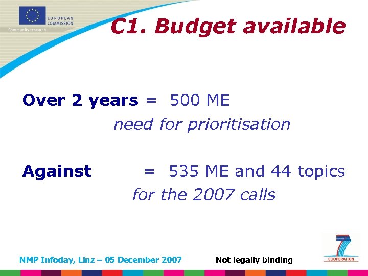 C 1. Budget available Over 2 years = 500 ME need for prioritisation Against