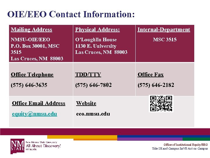 OIE/EEO Contact Information: Mailing Address Physical Address: Internal-Department NMSU-OIE/EEO P. O. Box 30001, MSC