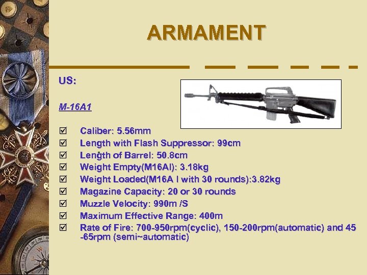 ARMAMENT US: M-16 A 1 þ þ þ þ þ Caliber: 5. 56 mm