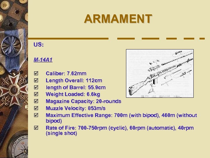 ARMAMENT US: M-14 A 1 þ þ þ þ Caliber: 7. 62 mm Length