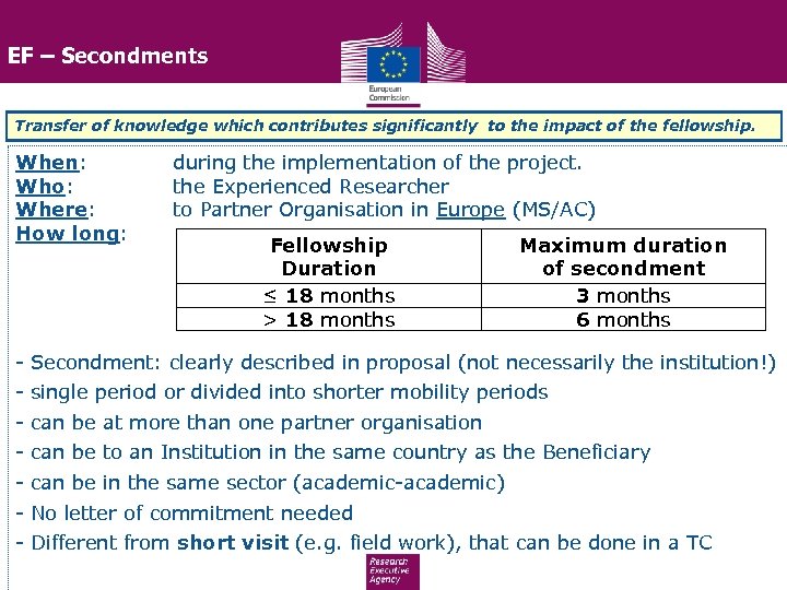 EF – Secondments Transfer of knowledge which contributes significantly to the impact of the
