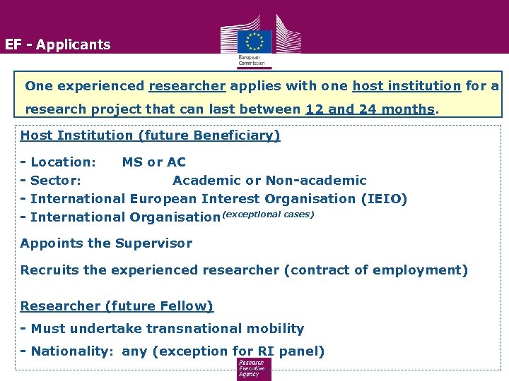 EF - Applicants One experienced researcher applies with one host institution for a research