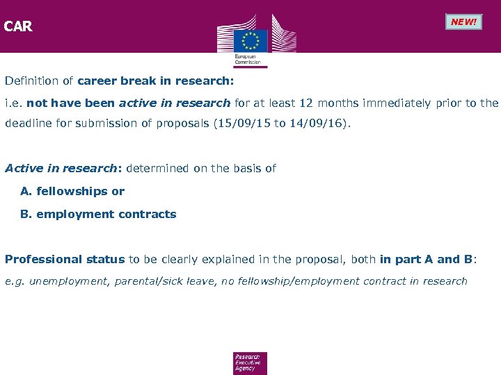 CAR NEW! Definition of career break in research: i. e. not have been active