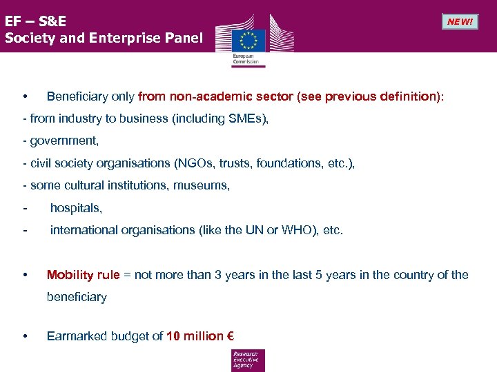 EF – S&E Society and Enterprise Panel • NEW! Beneficiary only from non-academic sector