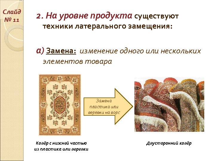 Слайд № 11 2. На уровне продукта существуют техники латерального замещения: а) Замена: изменение