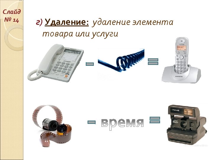 Слайд № 14 г) Удаление: удаление элемента товара или услуги 