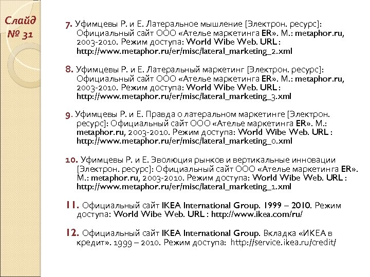 Слайд № 31 7. Уфимцевы Р. и Е. Латеральное мышление [Электрон. ресурс]: Официальный сайт