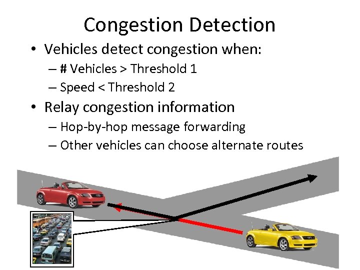 Congestion Detection • Vehicles detect congestion when: – # Vehicles > Threshold 1 –