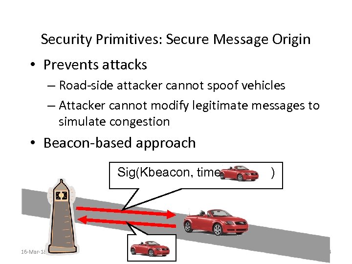 Security Primitives: Secure Message Origin • Prevents attacks – Road-side attacker cannot spoof vehicles