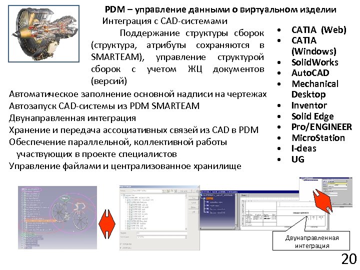 PDM – управление данными о виртуальном изделии Интеграция с CAD-системами Поддержание структуры сборок •