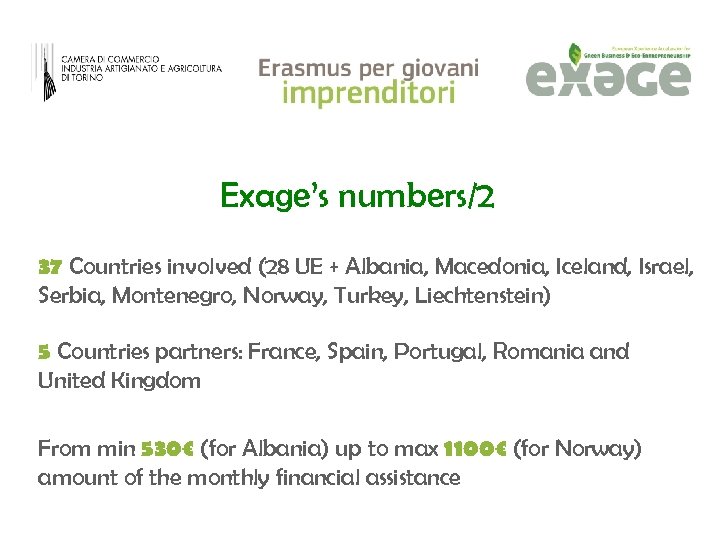 Exage’s numbers/2 37 Countries involved (28 UE + Albania, Macedonia, Iceland, Israel, Serbia, Montenegro,
