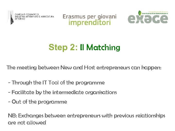 Step 2: Il Matching The meeting between New and Host entrepreneurs can happen: -
