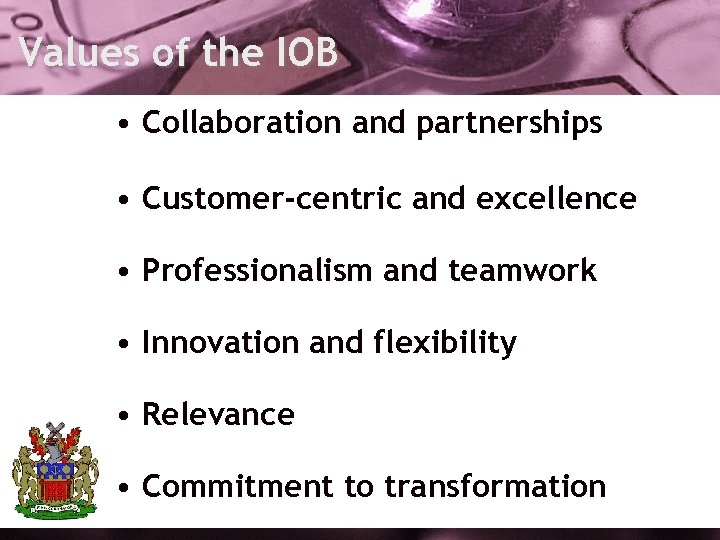 Values of the IOB • Collaboration and partnerships • Customer-centric and excellence • Professionalism